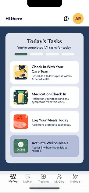 Wellos mobile app with body tracking content.